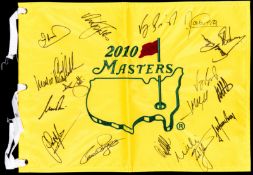 2010 Masters souvenir pin flag signed by 18 previous winners, comprising Palmer, Singh, Immelman,