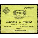 A scarce and early football ticket for the Ireland v England international match played at