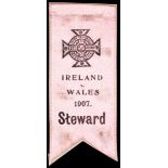 Steward's ribbon for the Ireland v Wales international football match played at Solitude 23rd