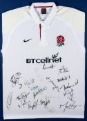 A framed England rugby shirt signed by the touring team to South Africa in 2000,