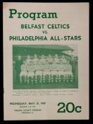 Rare Philadelphia All-Stars v Belfast Celtics programme 25th May 1949,