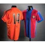 Johan Cruyff signed Holland and Barcelona retro jerseys, both signed in black marker pen,