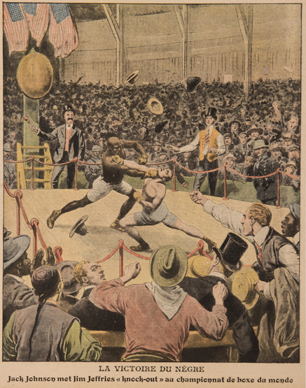 A French colour print featuring the boxer Jack Johnson beating Jim Jeffries in the World