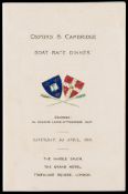 1909 Oxford & Cambridge Boat Race dinner menu, held at The Grand Hotel, Trafalgar Square,