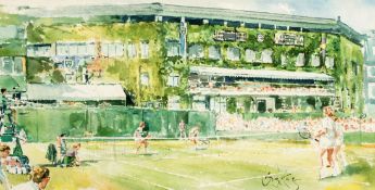 Gordon King (contemporary) WIMBLEDON: MEN'S DOUBLES MATCH ON AN OUTSIDE COURT signed, watercolour,