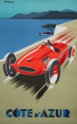 Pierre Fix-Masseau poster titled "Cote d'Azur" and featuring a red vintage race car,