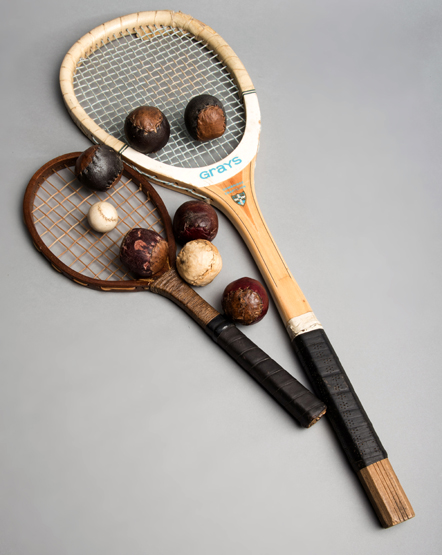 Miscellany of racquet sports equipment, a Real Tennis racquet by Gray's of Cambridge circa 1960,