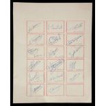 Barcelona football autographs 1950s, signed into rectangles drawn on graph paper in ink, Olivella,