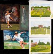 Six original artworks featuring lawn tennis,