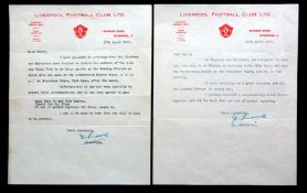 A pair of letters from Liverpool FC secretary J C Rouse inviting former player Harry Lowe as a