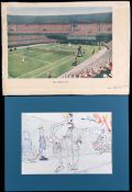 A signed H M Bateman print featuring the Centre Court at Wimbledon and called "The Debutante",