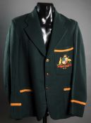 Ian Johnson Australia cricket blazer from the 1948 Tour of England, green wool with gold piping,