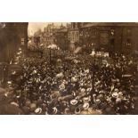 A superb black & white photograph titled Arrival of the Cup in Burnley 1914, the large 21 by 30in.