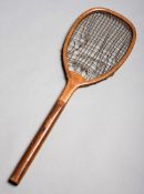 A flat top lawn tennis racquet by or sold by Goy of Leadenhall Street, London, circa 1880,