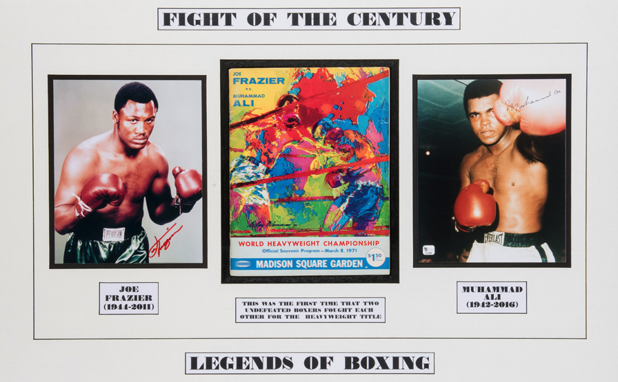 A fine Muhammad Ali and Joe Frazier double-signed framed presentation, comprising 10 by 8in.