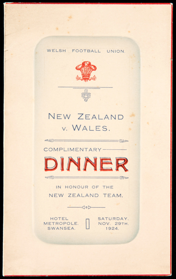 Welsh Rugby Football Union dinner menu in honour of the 1924 New Zealand All Blacks touring team,