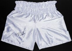 Evander Holyfield signed framed boxing trunks,