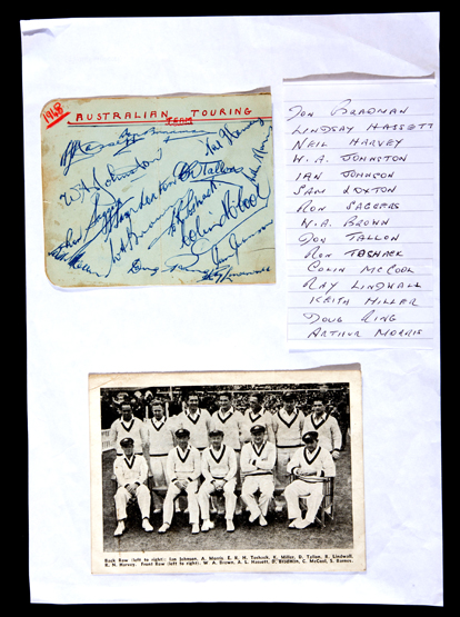 The autographs of the 1948 Australian Touring Team to England, on an album page,