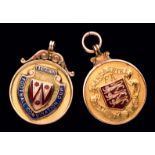 Two 9ct. gold & enamel Lancashire football medals, a Lancashire F.A.