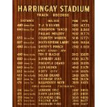 The Harringay Greyhound Stadium track records board that hung in the American Lounge,