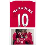 An unusual Maradona signed Arsenal framed presentation, a red Arsenal No.