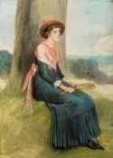 An Edwardian drawing in coloured pastels by an unknown hand of a lady tennis player,