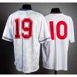 Paul Gascoigne and Gary Lineker signed white England retro jerseys, a 1990 World Cup No.