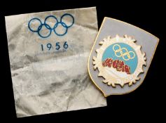 Cortina 1956 Winter Olympic Games guest's badge, gilt & enamel, Games logo on a grey background,