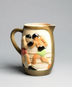 A French pottery jug depicting a boxing match, decorated in colour on both sides, cracked, marked F.