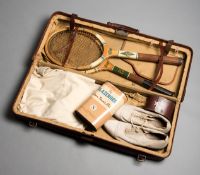 A gentleman's leather lawn tennis carrying case circa 1930s, with metal frame,