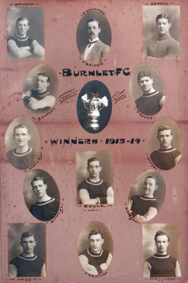 A fine framed photographic display titled 'Burnley FC English Cup Winners 1913-14',