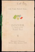 Irish Rugby Football Union menu for a dinner in honour of the France team in 1928,