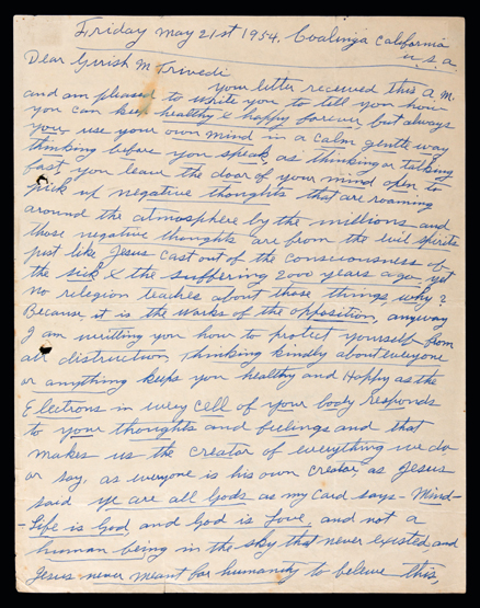 A Tommy Burns signed manuscript letter from Coalinga, California, dated 21st May 1954,