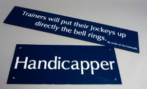 Ascot racecourse signage, HANDICAPPER, blue metal sign with white text, 20 by 50cm.