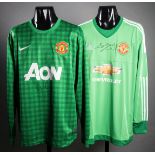 Manchester United replica goalkeeper's jerseys signed by Peter Schmeichel & David De Gea,