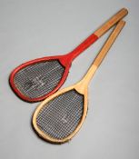 A red painted Prosser Real Tennis racquet, maker's stamp, the handle stamped MADE IN ENGLAND,