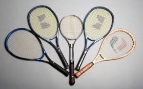 Five late 20th century tennis racquets, all in unused original condition,