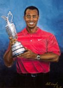 Bill Waugh (contemporary) TIGER WOODS giclee print on canvas portraying the champion golfer holding