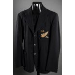 John Reid New Zealand cricket blazer, in black wool, silver silkwork fern and inscribed N.Z., C.C.