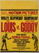 A motion pictures poster for the Joe Louis v Arturo Godoy of Chile in the World Heavyweight Boxing