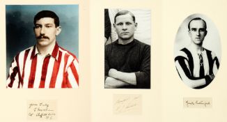 A trio of framed pictorial presentations signed by notable early footballers, i) Jock Rutherford,