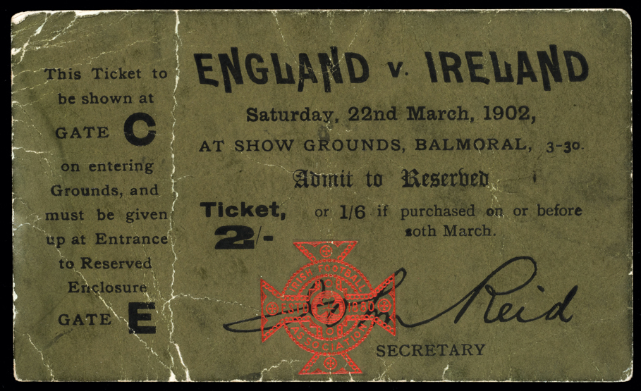 A scarce and early football ticket for the Ireland v England international match played at the