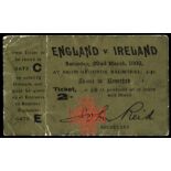 A scarce and early football ticket for the Ireland v England international match played at the