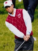 Tiger Woods signed colour photograph, the 15 by 11in.