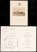 Two Orient Line menus, one signed by the England 1928-29 cricket team to Australia,