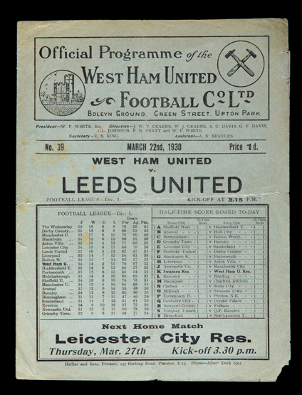 West Ham United v Leeds United programme 22nd March 1930