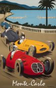A signed Pierre Fix-Masseau poster titled "Monte Carlo" and featuring motor racing,