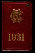 MCC 1931 Membership card, red leather & gilt, the reverse with a gilt depiction of The W.G.