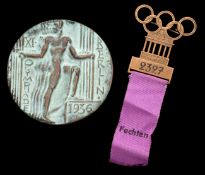 A Berlin 1936 Olympic Games fencer's competitor's badge, bronze,