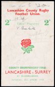 An autographed Rugby Union County Championship Final programme Lancashire v Surrey played at